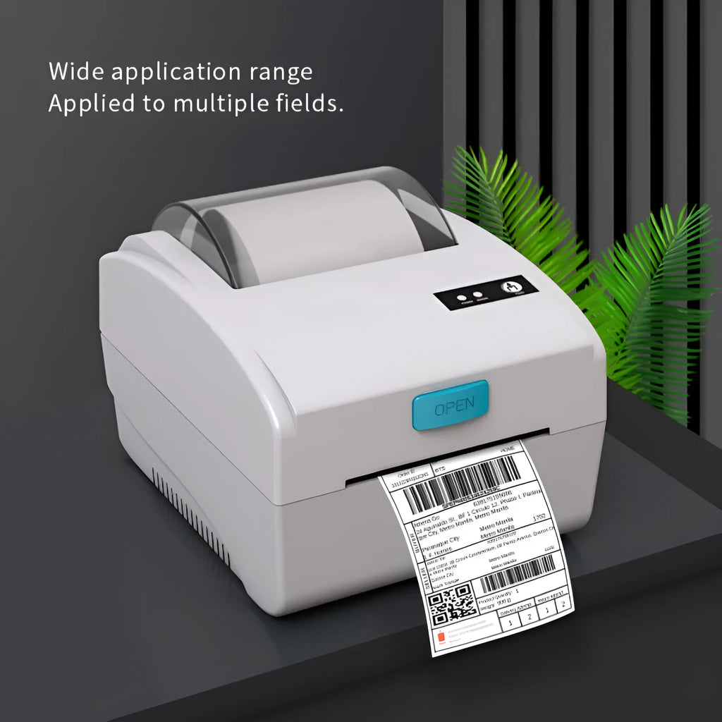 White Bluetooth thermal label printer with USB port on compact desktop stand