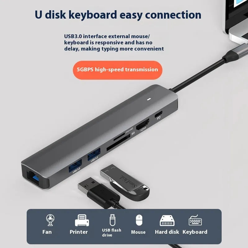 Silver aluminium 7-in-1 USB-C hub with SD card slot, microSD slot, USB-A, and USB-C ports.