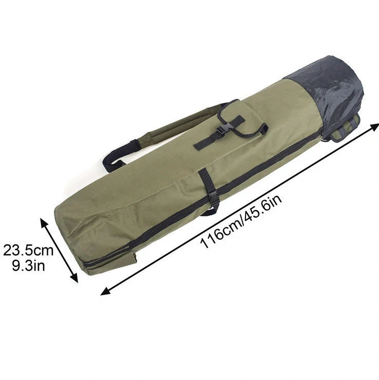 Black cylindrical fishing bag showing 116cm length and 23.5cm diameter with fishing rod storage