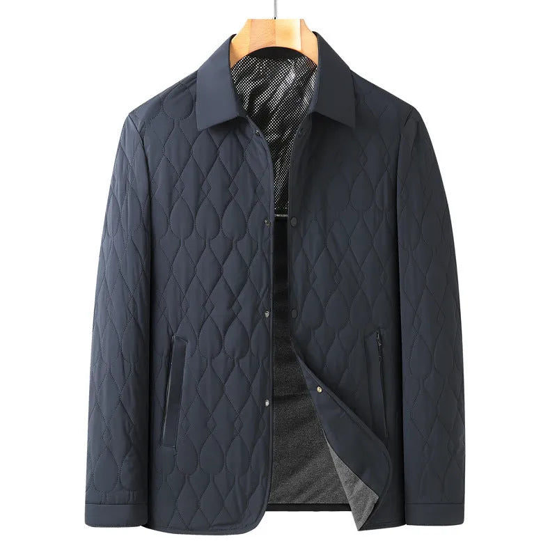 Men's lightweight diamond lattice cotton-padded jacket in black, gray green, and navy blue for autumn winter