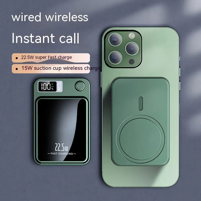 Wireless MagSafe power bank in black, white, purple, or green with industrial plastic shell