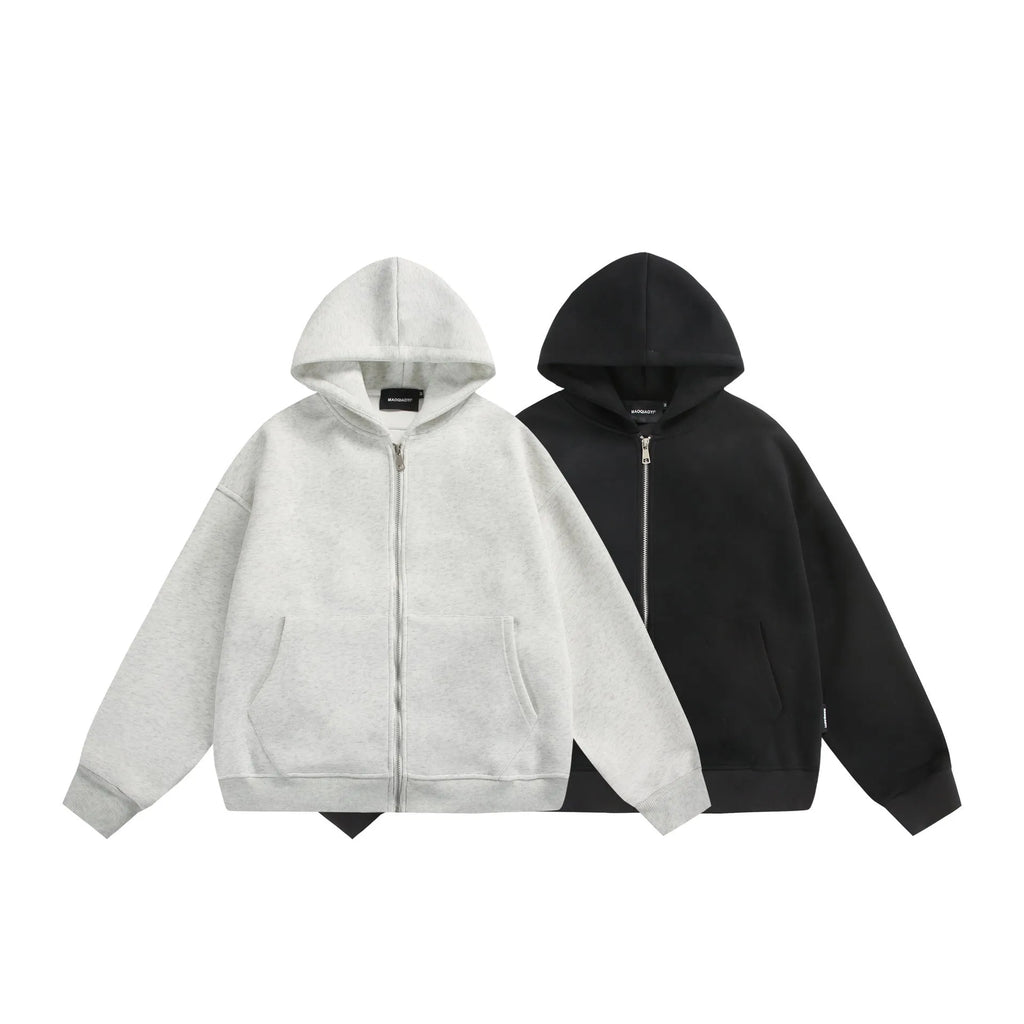 Cotton blend loose fit cardigan coat with a small bag on the back, shown in black.