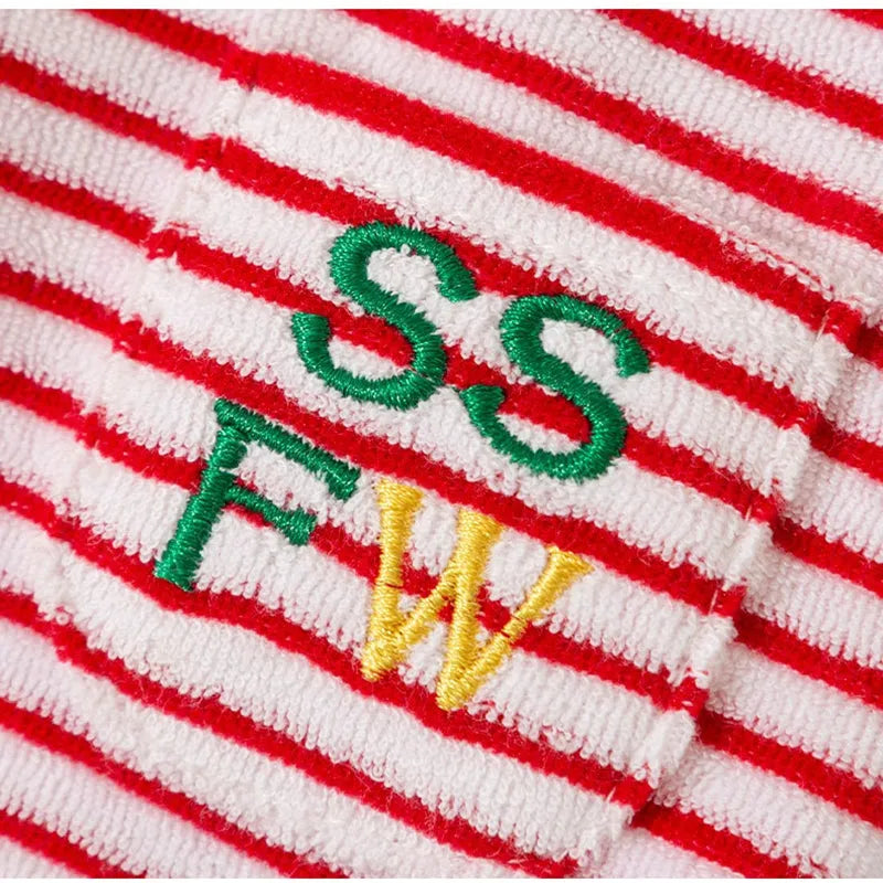 Red striped warm fleece pet clothing for small dogs and cats with two leg openings and embroidered pocket