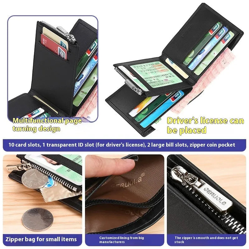 Men's short leather wallet with zip closure and rhombus pattern in black, blue or brown colours