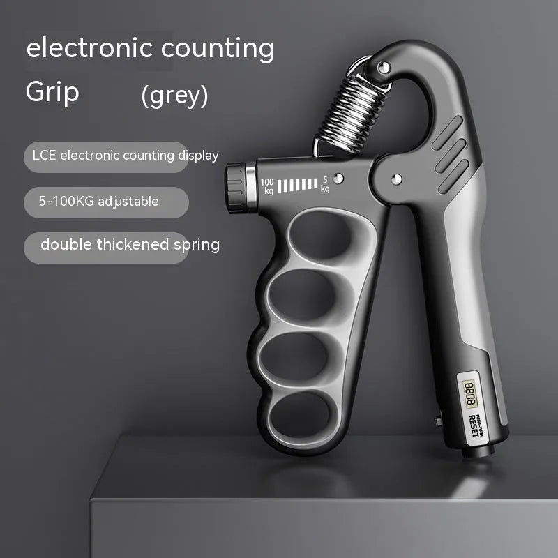 Adjustable electronic count spring grip with digital display in orange, red or grey colour options