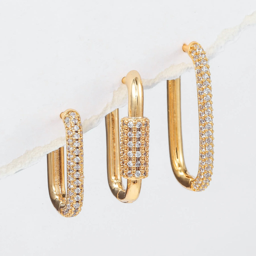 Geometric copper ear clip earrings three-piece set with inlaid zircon stones in gold or white colour