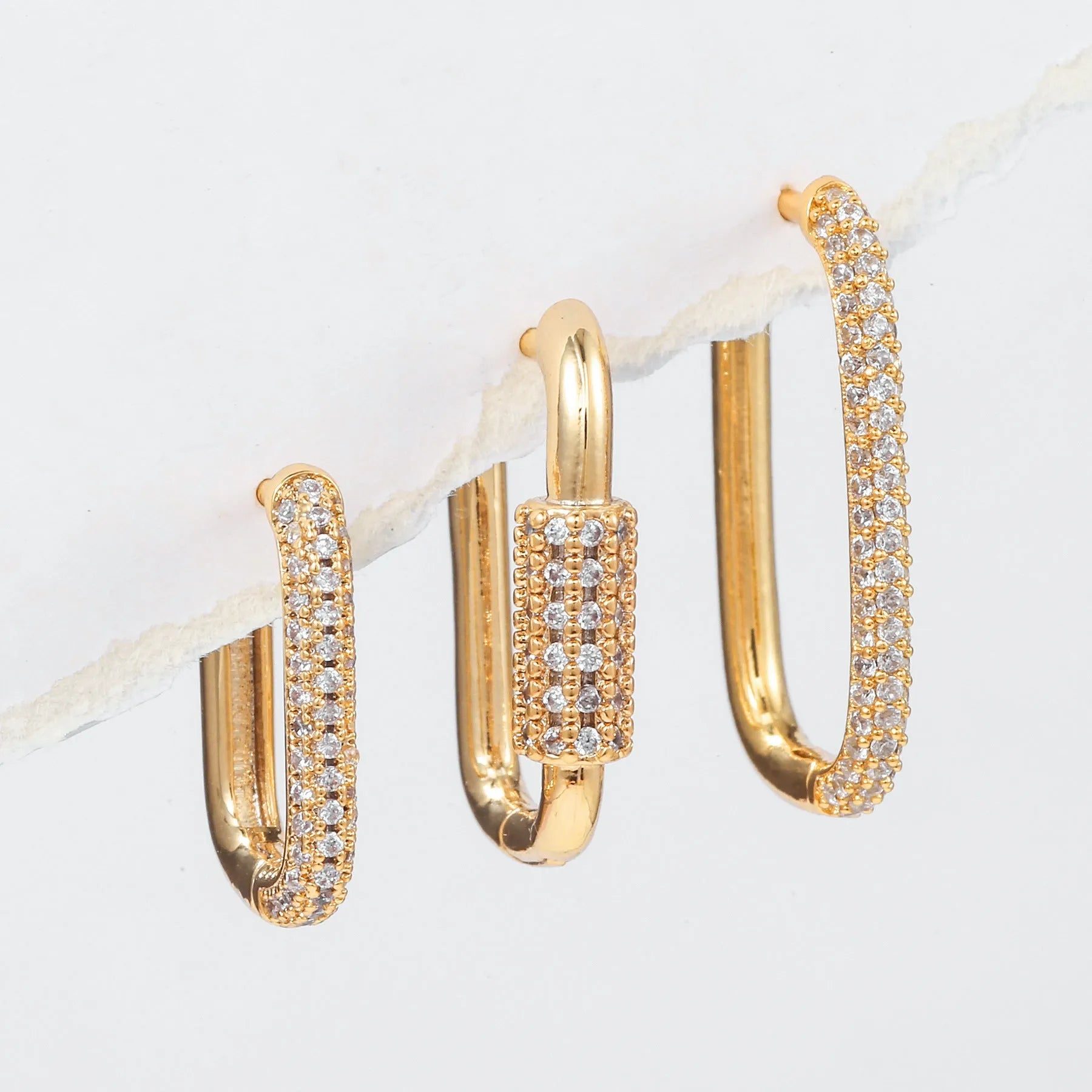 Geometric copper ear clip earrings three-piece set with inlaid zircon stones in gold or white colour