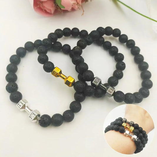 Men's fitness fashion bracelet with alloy metal barbell and lava rock stone beads