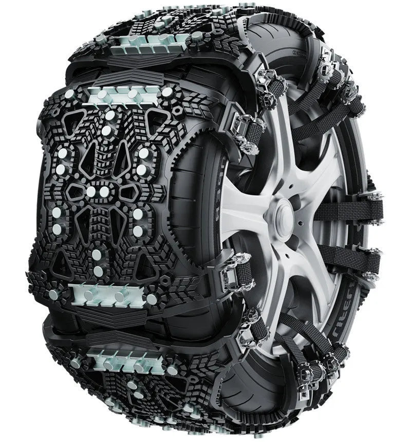 SUV winter snow chains with steel plates in black or yellow including snow shovel and tools