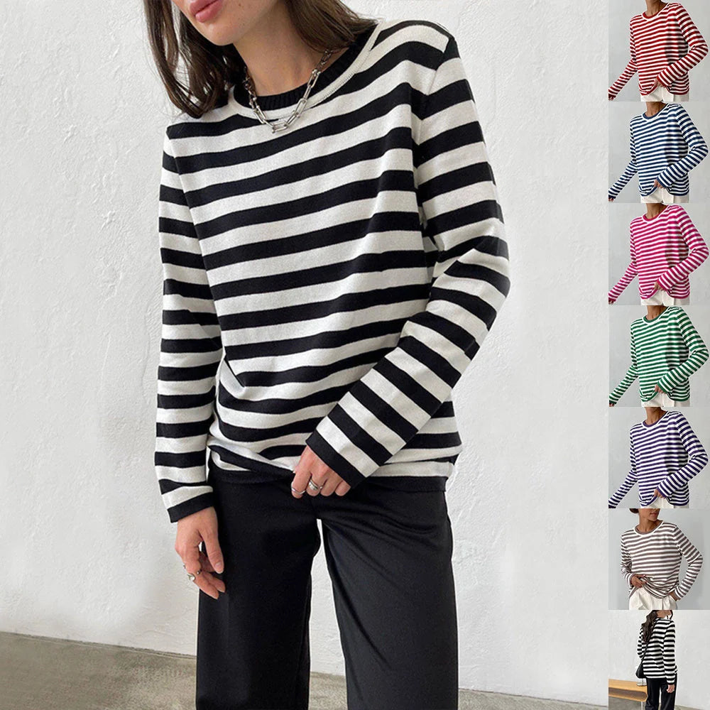 Women's knitted striped long sleeve sweater in various colours