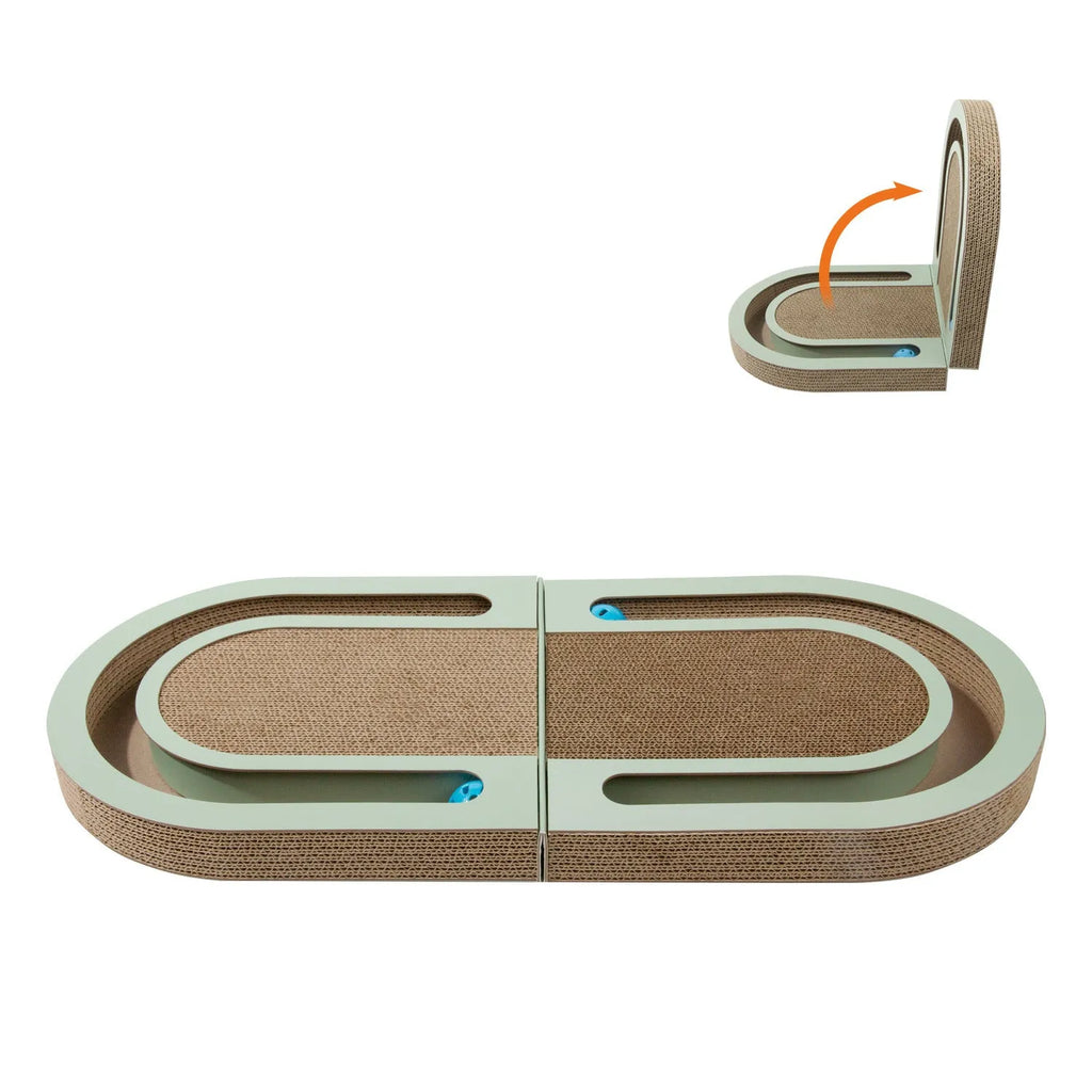Green corrugated paper folding cat grab board with ball, L660xW300xH42mm