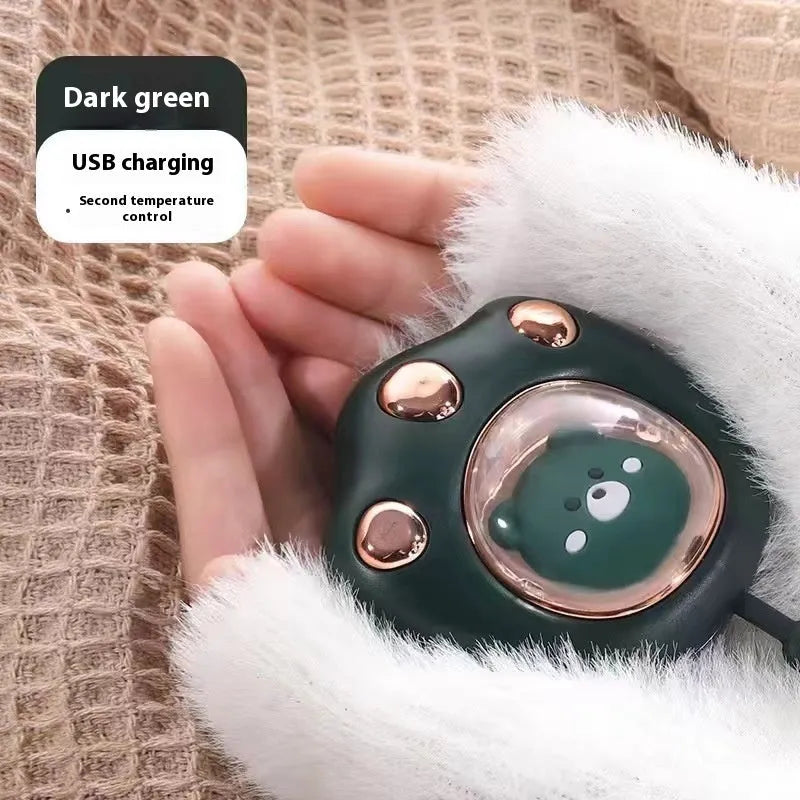 USB rechargeable hand warmer with digital display shown in pink, blue, green, and white colour options.