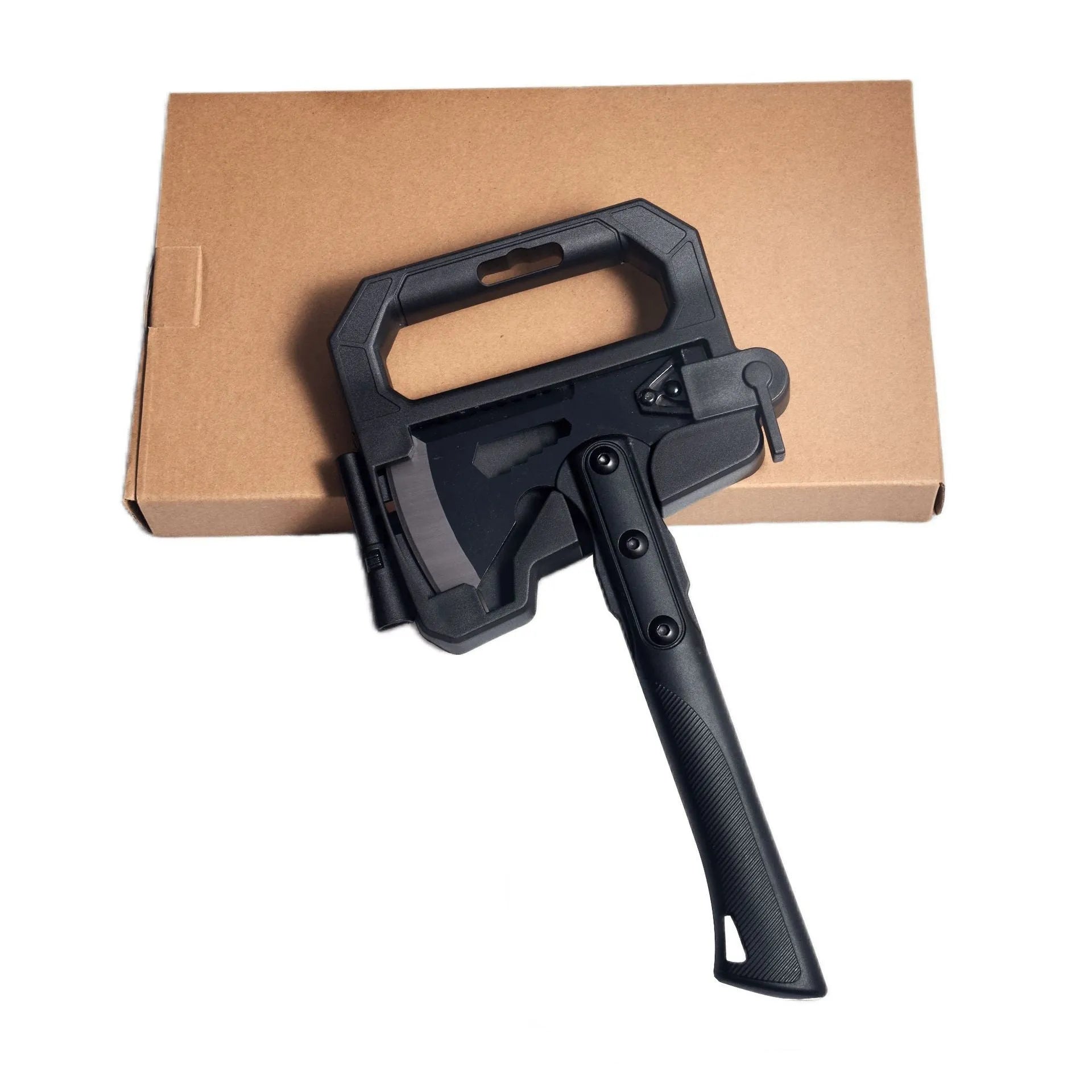 Stainless steel multi-functional camping axe with ABS plastic handle measuring 40cm
