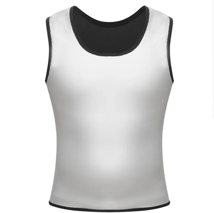 Silver-painted seamless U-neck sweat vest for men and women in milk silk and spandex, showing waist support and body sculpting fit.