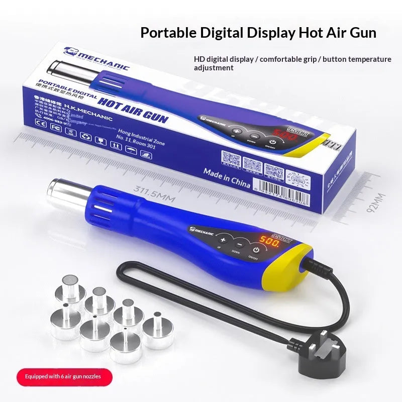 Blue small hand-held temperature-adjustable electric plastic film blower with digital display and six nozzles