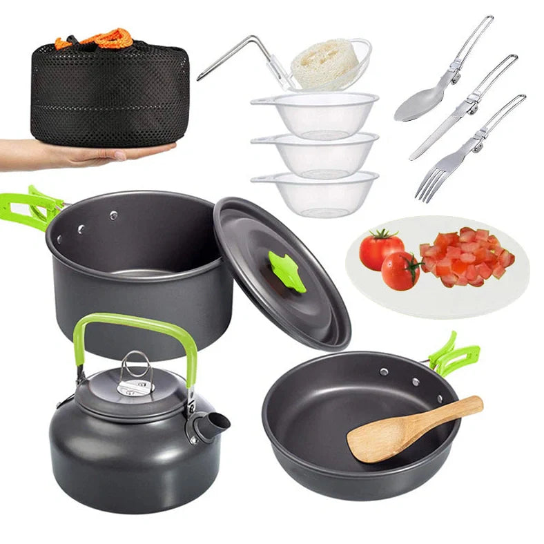 Green folding aluminium alloy camping pot set for 2-3 people showing compact storage size