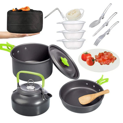 Green folding aluminium alloy camping pot set for 2-3 people showing compact storage size