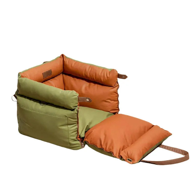 M size green waterproof PU leather dog car bed with removable cushion
