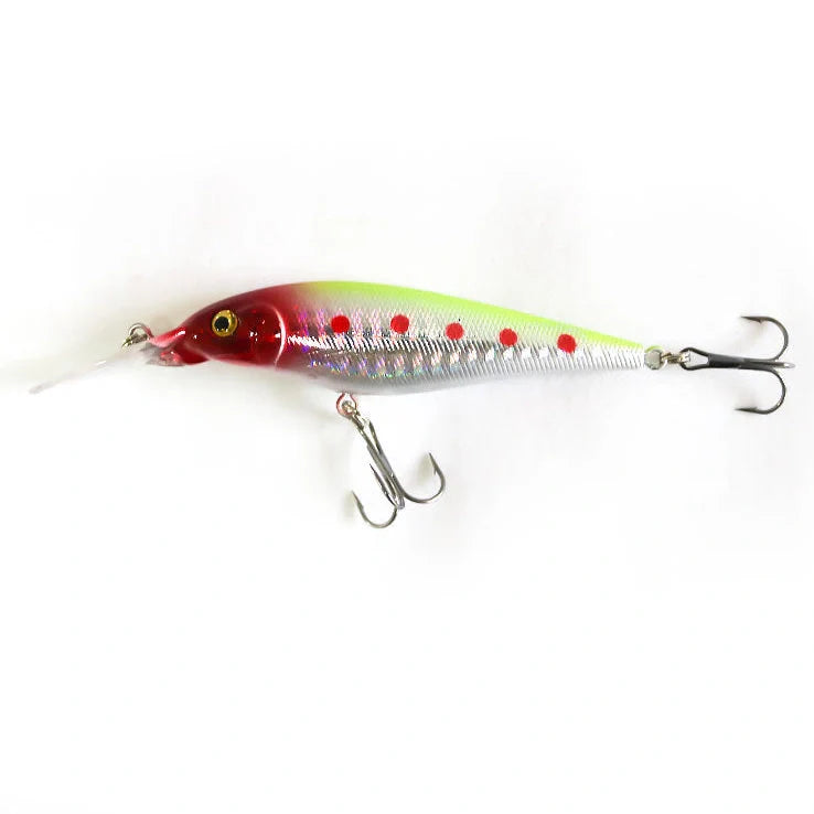 Bionic fishing lure showing 11cm length with detailed colour pattern on ABS plastic body