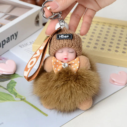 Hand-woven fox fur sleeping doll plush keychain pendant with or without bow