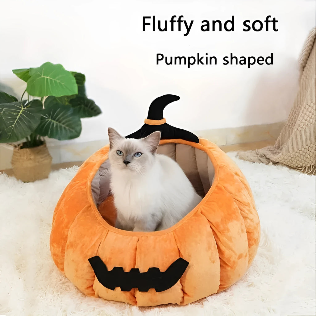 Halloween pumpkin cat bed with cartoon devil design in plush fabric for cats and small dogs