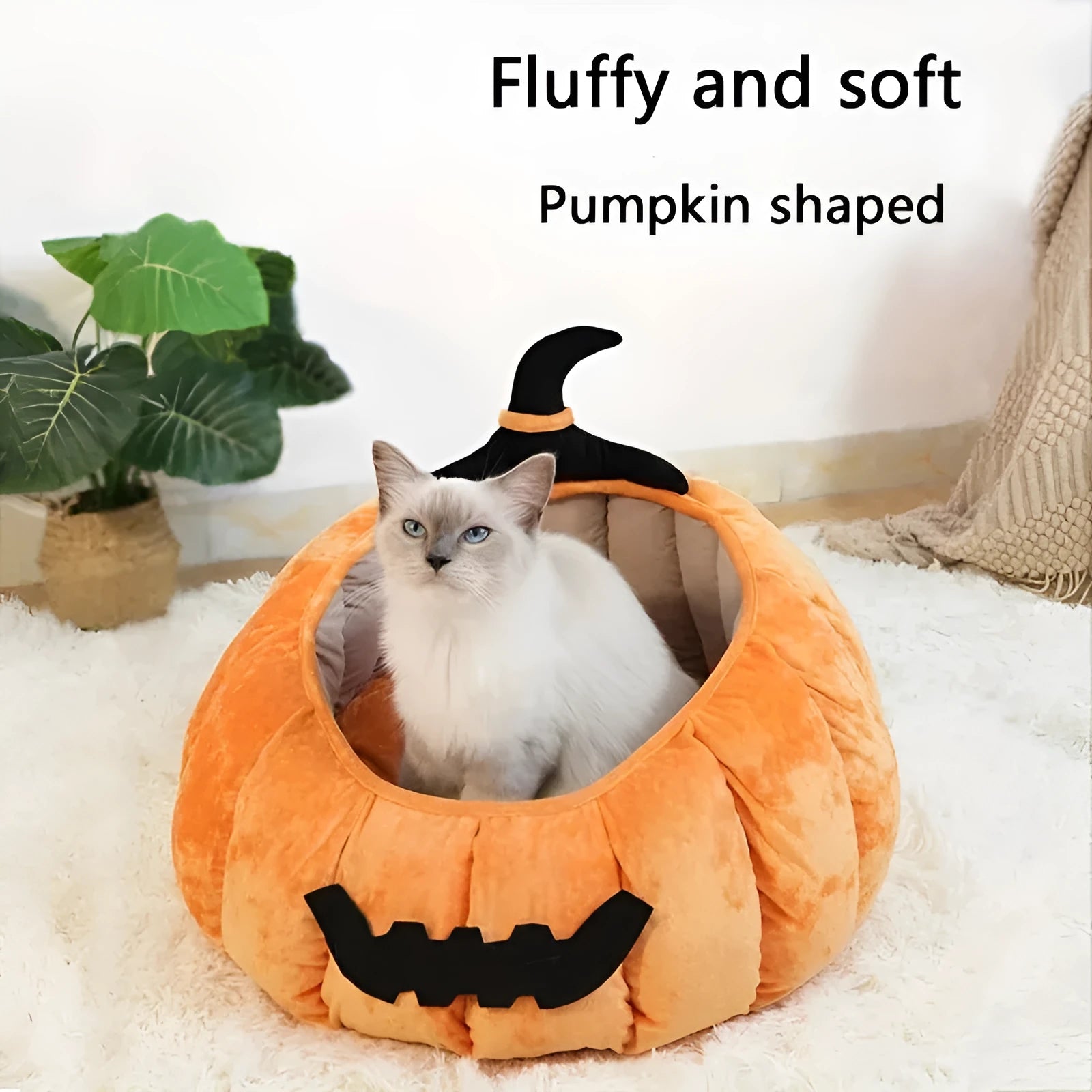 Halloween pumpkin cat bed with cartoon devil design in plush fabric for cats and small dogs