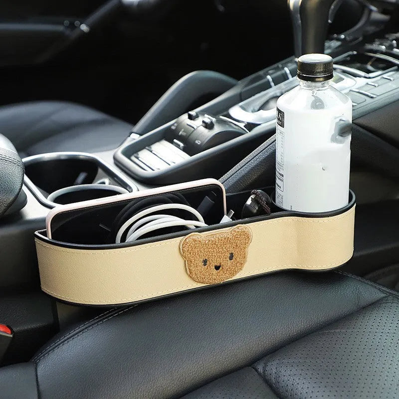 Cartoon bear design leather car seat gap storage organiser for between-seats vehicle storage