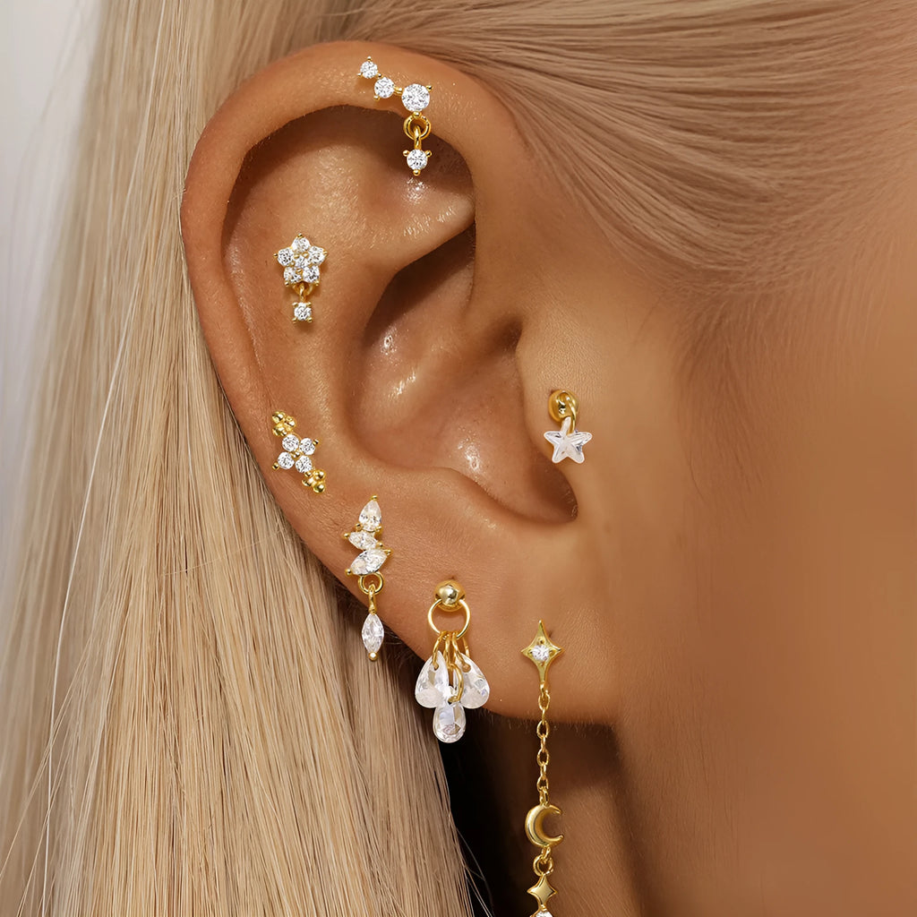 S925 sterling silver moon diamond embedded star geometric earrings in single gold colour