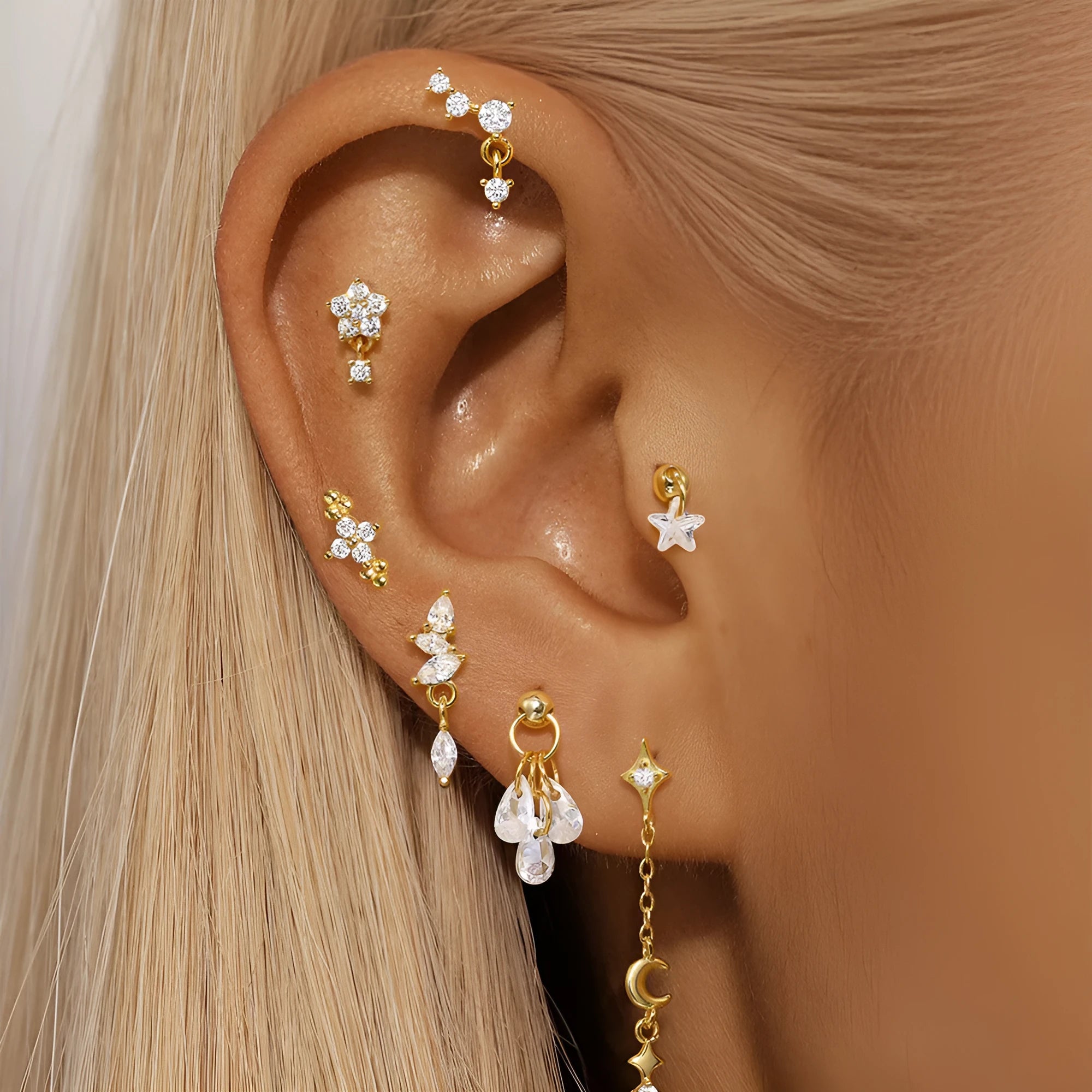 S925 sterling silver moon diamond embedded star geometric earrings in single gold colour