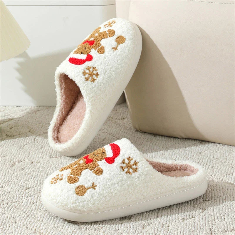 Cozy gingerbread snowflake pattern slippers with plush upper and non-slip sole for comfortable indoor wear