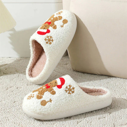 Cozy gingerbread snowflake pattern slippers with plush upper and non-slip sole for comfortable indoor wear