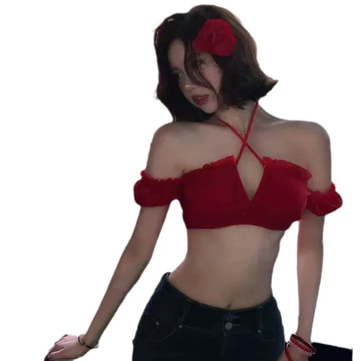 Red women's bikini swimsuit with puff sleeve skirt top and briefs.
