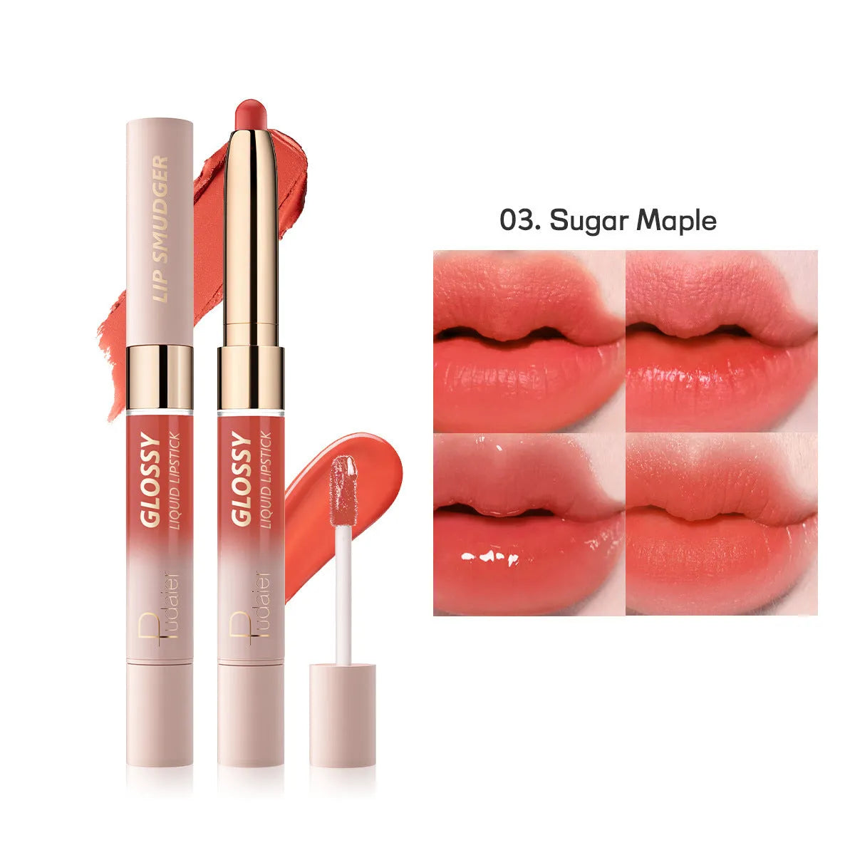 Double-ended lipstick and lip gloss set showing matte and glossy ends in one of ten available colour shades