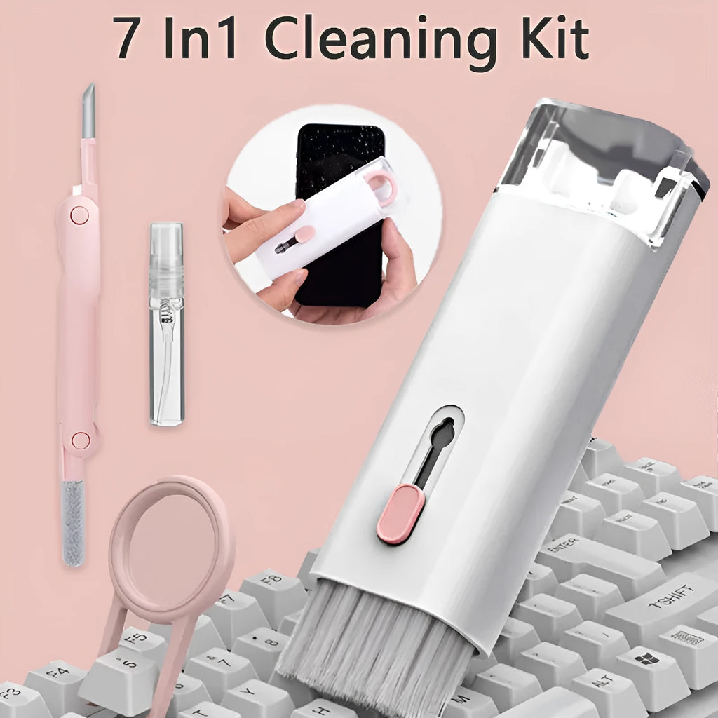 Multifunctional electronics cleaning kit with cleaning pen, brush, key puller, and spray bottle on a white background
