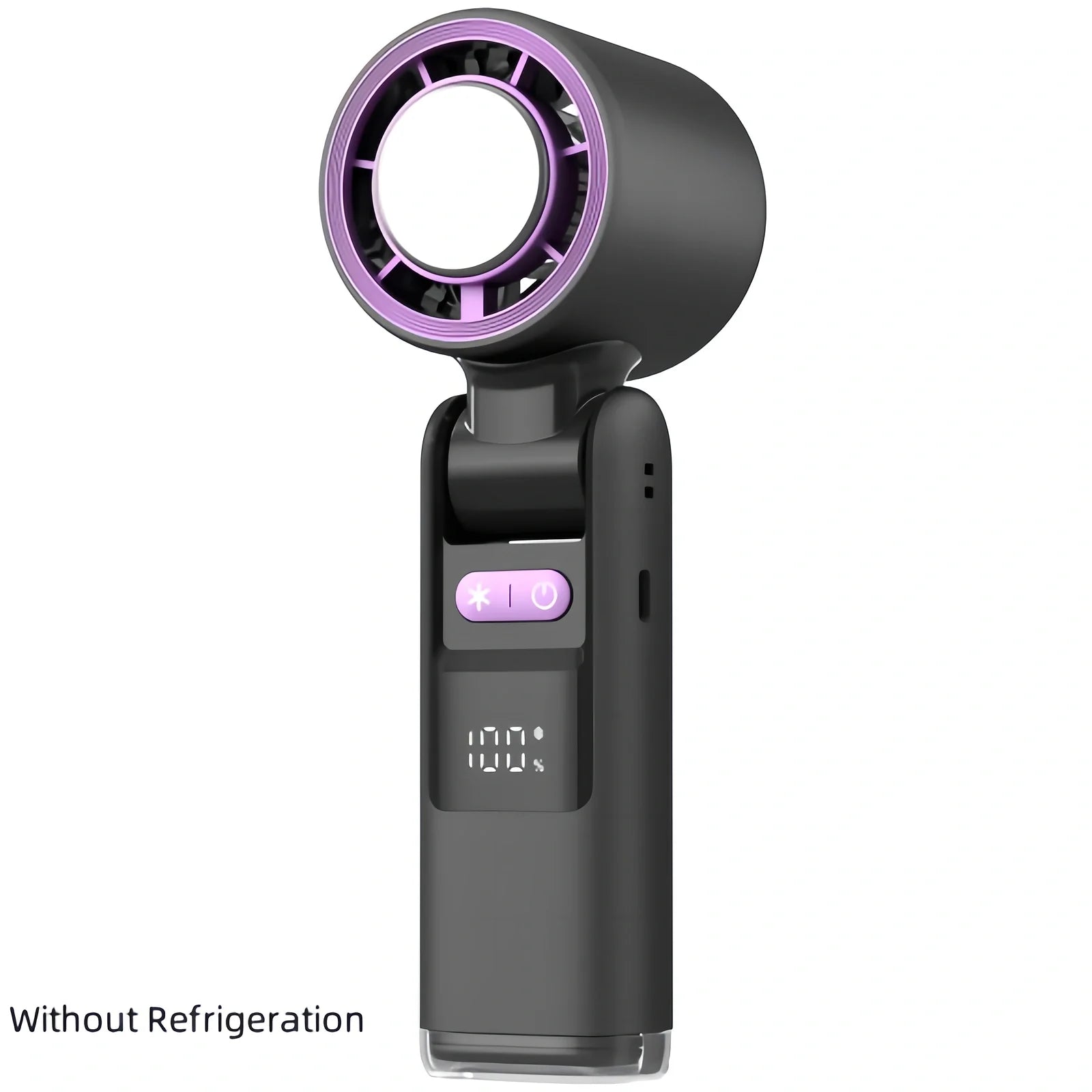 White USB-powered mini turbos fan folded 180° showing digital display and plastic blades, 63x57x176mm for portable camping cooling