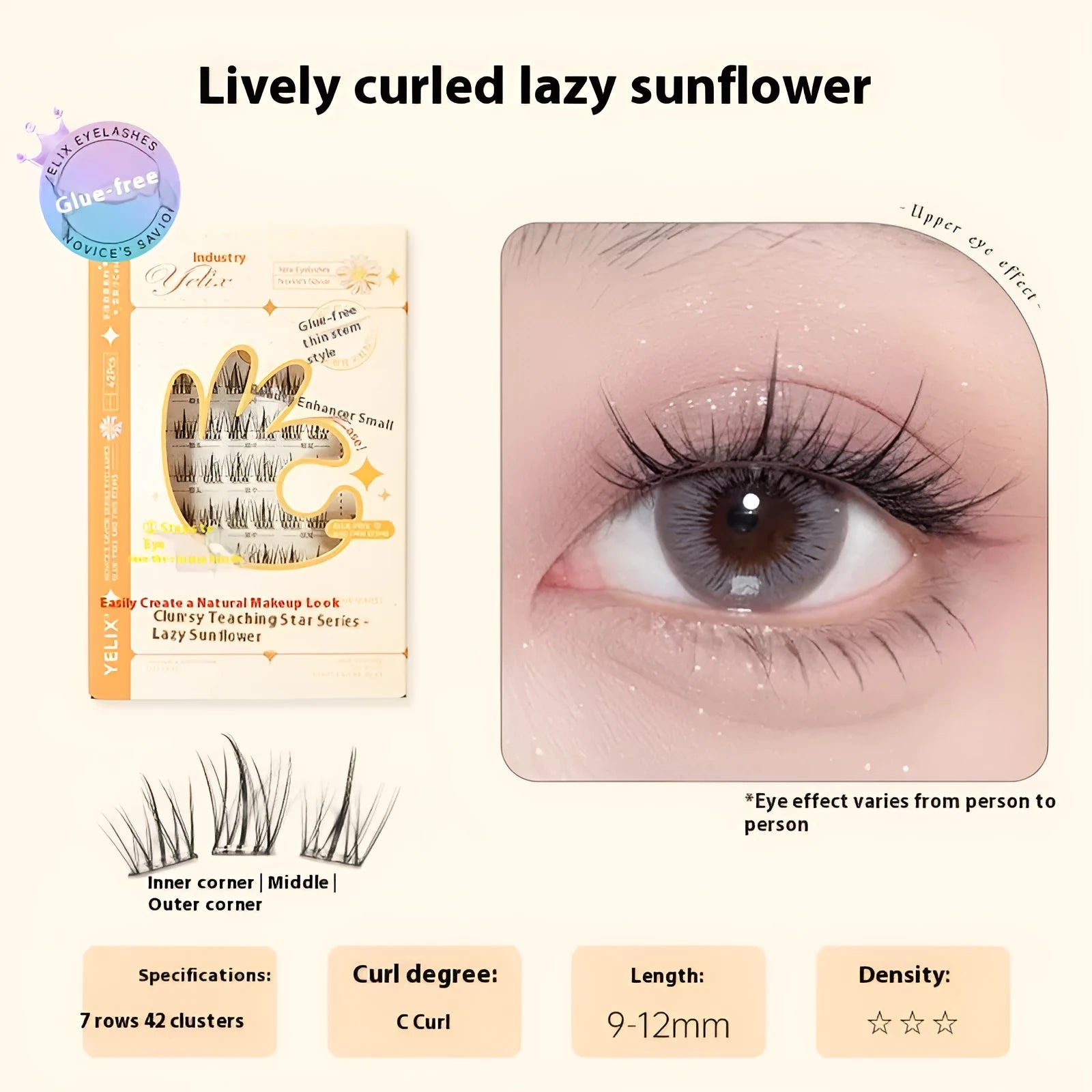 Glue-free self-adhesive false eyelashes in high-grade fibre with 0.07C thickness, shown in a natural style