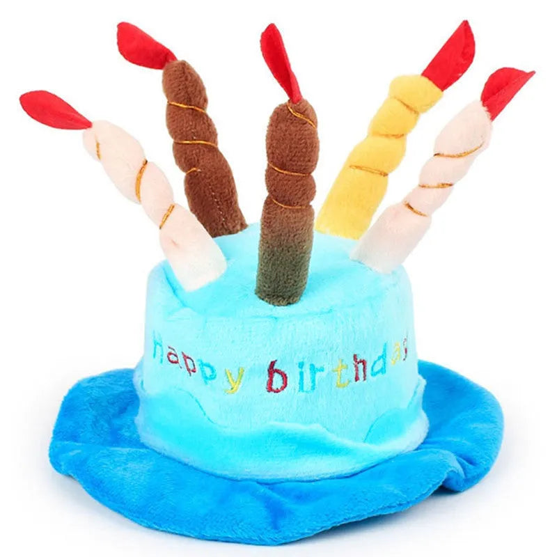 Blue or pink soft fabric birthday hat for toy dogs measuring 21cm wide