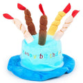 Blue or pink soft fabric birthday hat for toy dogs measuring 21cm wide