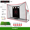 Golf wedge training set showing 3-hole cross net, straw practice mat, practice tees, and red and white golf balls