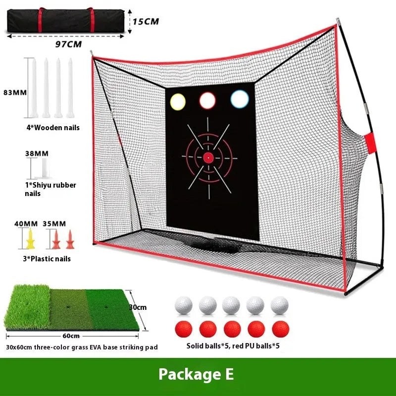 Golf wedge training set showing 3-hole cross net, straw practice mat, practice tees, and red and white golf balls