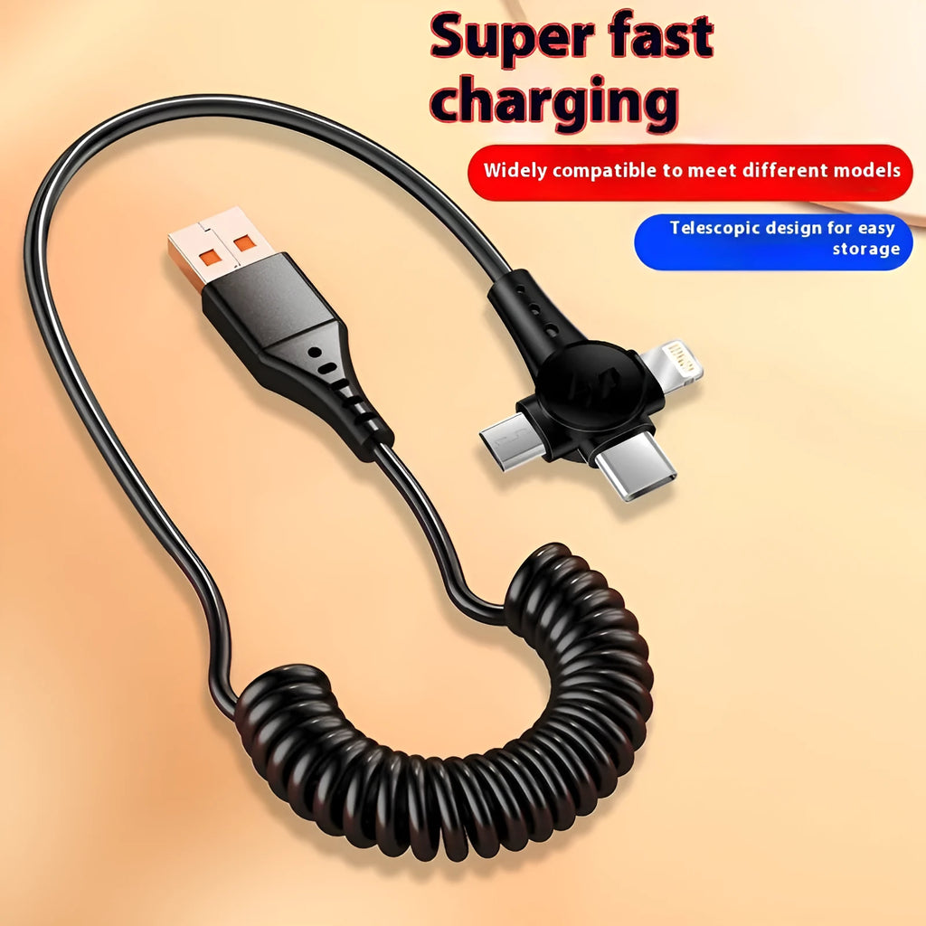 Black telescopic data cable extended to 1.5m with Lightning, Micro USB, and Type-C charging heads