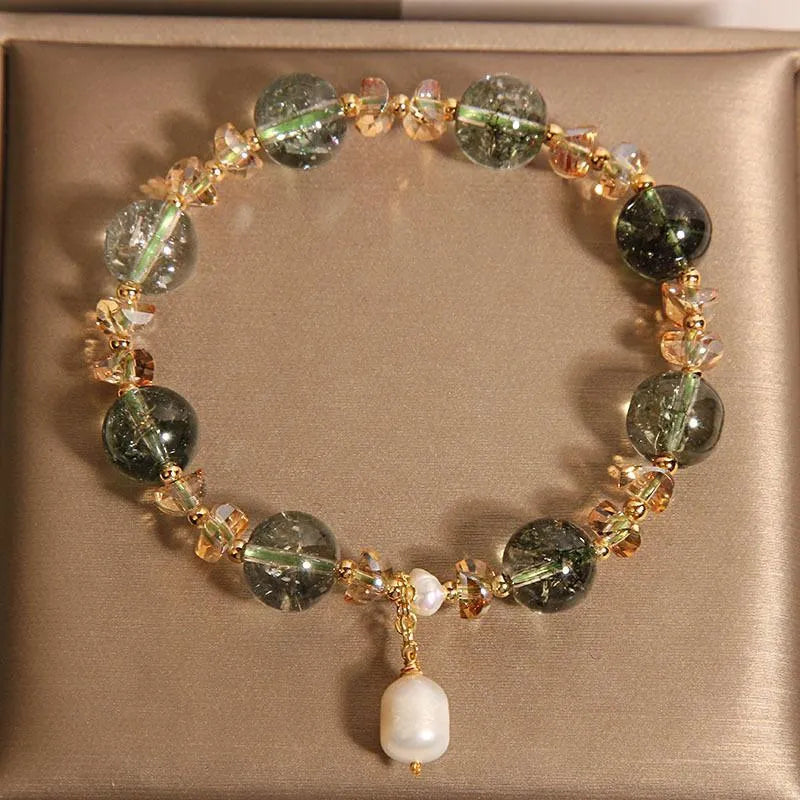 Green phantom quartz crystal bracelet with champagne gravel accents in Japanese Korean style