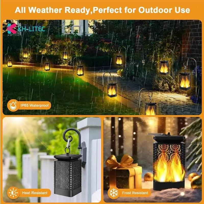 Four black solar-powered hanging lanterns with flickering flame LED light effect for outdoor garden decoration.