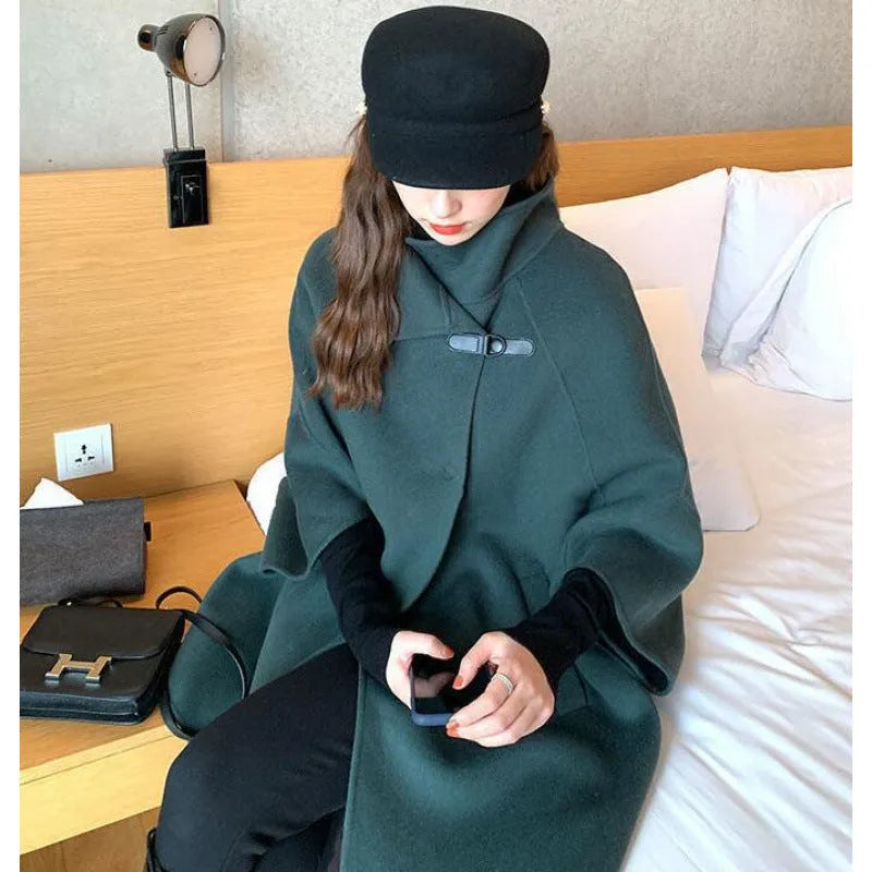 Women's Korean style longline coat with flight sleeves in oatmeal or green colour options