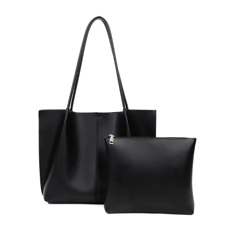 Women's large capacity soft PU shoulder bag in black with inner zip and outer sandwich pocket