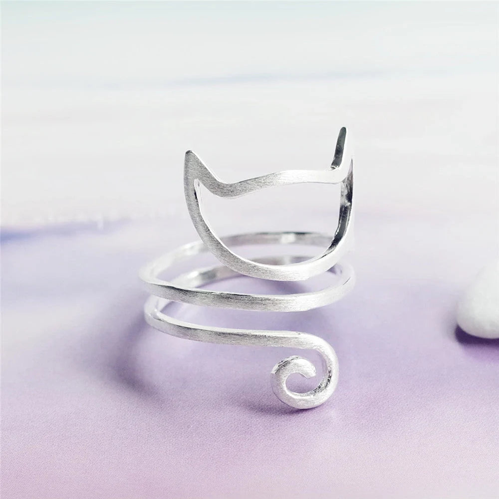 S925 silver adjustable cute cat ring with winding cat collar design and brushed finish