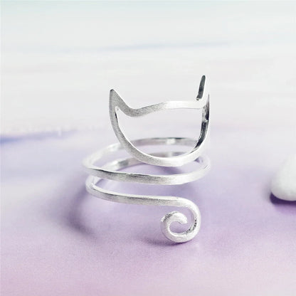 S925 silver adjustable cute cat ring with winding cat collar design and brushed finish