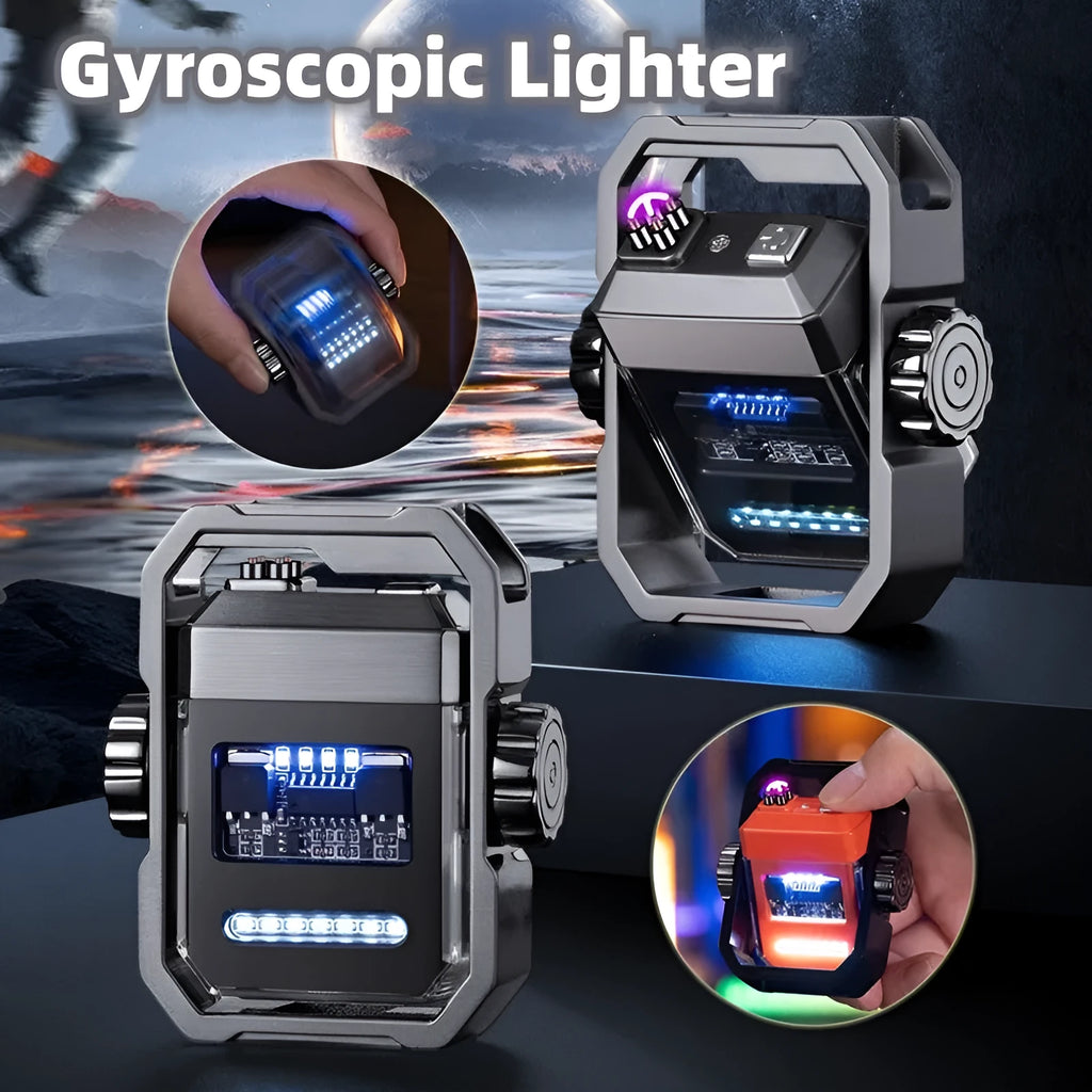 Pulse electric lighter showing windproof double plasma arc and integrated mechanical gyroscope toy in zinc alloy body.