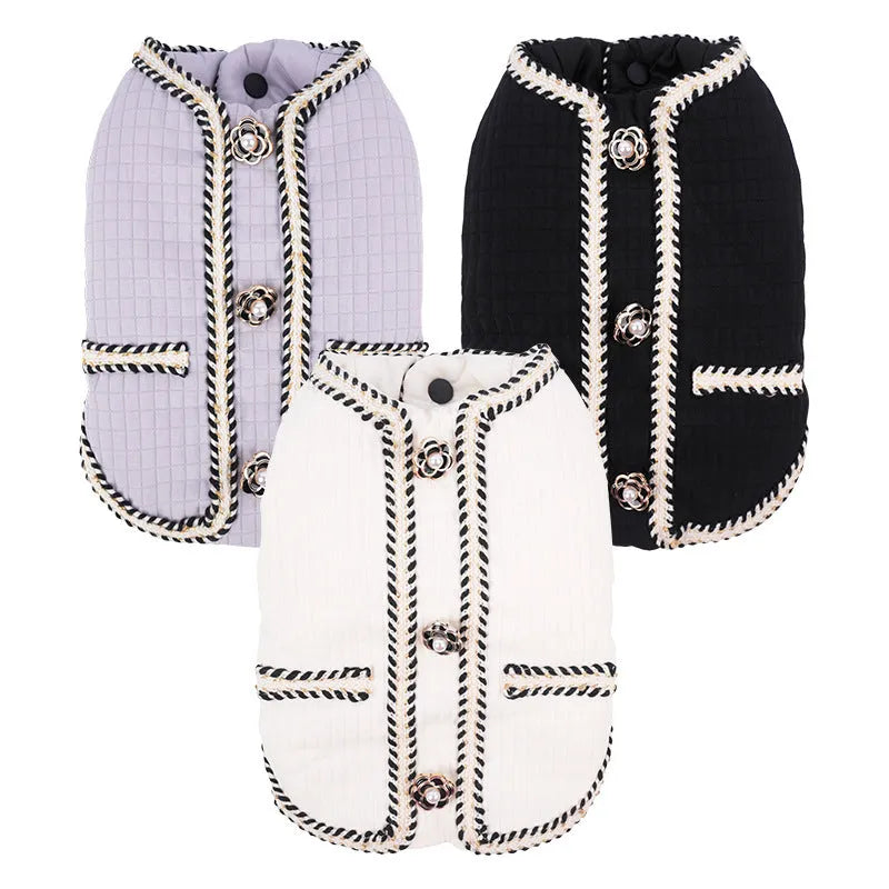 Quilted polyester dog coat with cartoon pattern in light purple colour on medium-sized dog