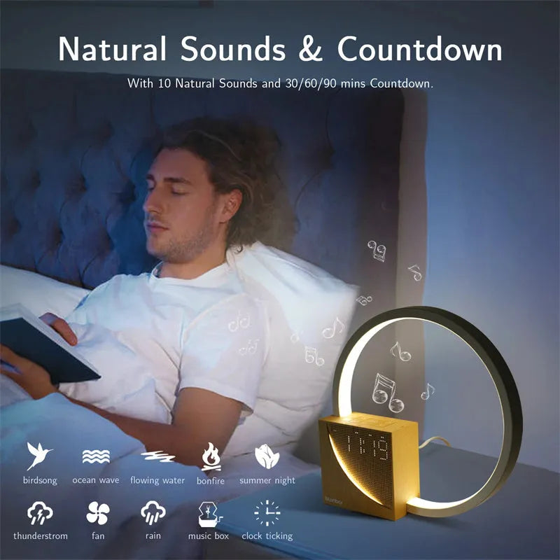 Navy blue wooden finish touch control bedside lamp with digital alarm clock display